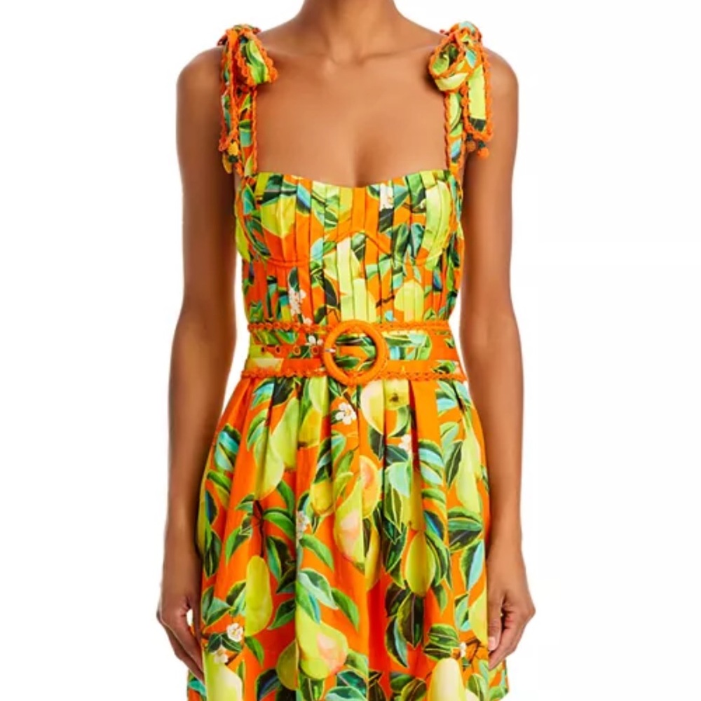 Farm Rio Tie Strap Dress, Vibrant Orange Lemon Print Dress, Medium